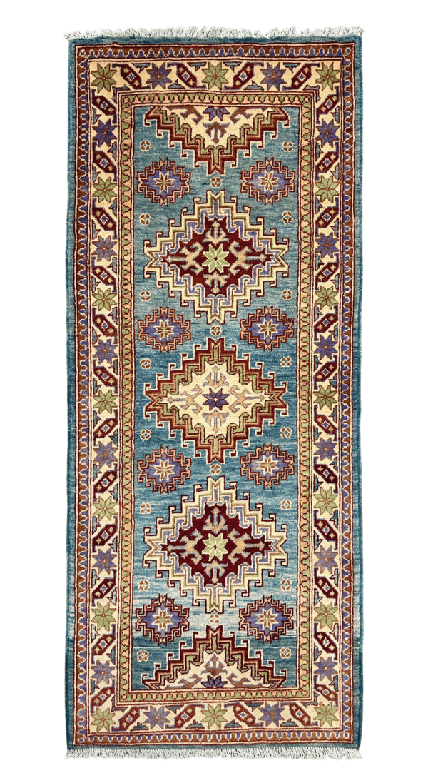 Blue Runner Rug 2’9”×6’7”– Handcrafted Geometric Runner with Burgundy & Sage Details