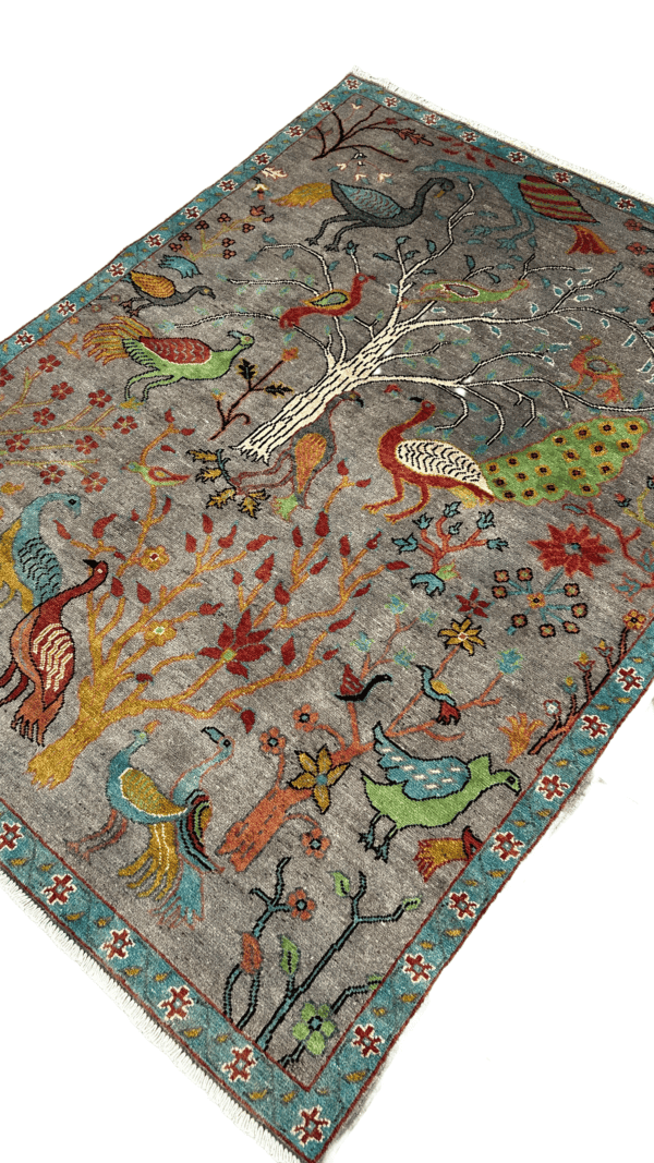 Birds in Bloom – Handmade Afghan Wool Rug | 5’ × 7’, Tree of Life Peacock Rug