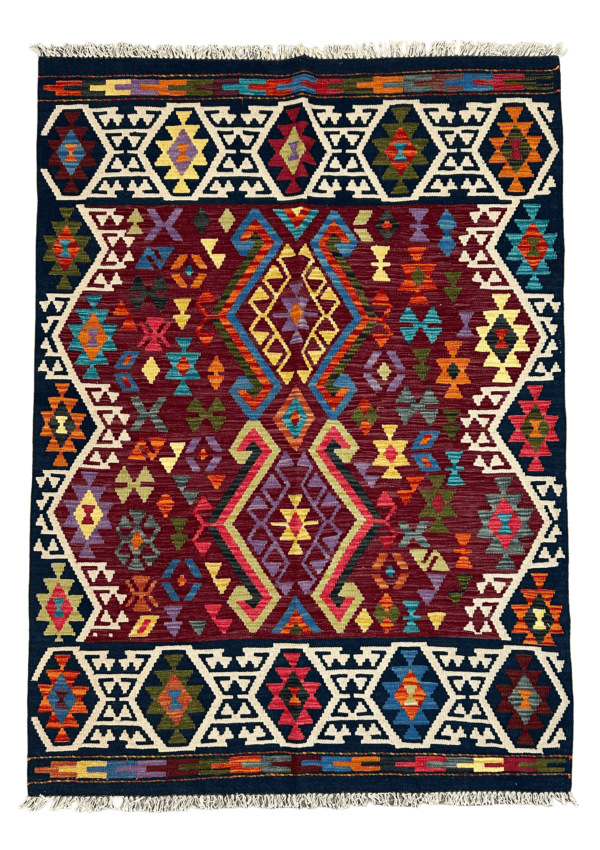 Colorful Geometric Kilim Flat-Weave Area Rug, 5’x7’ Handmade Wool Kilim