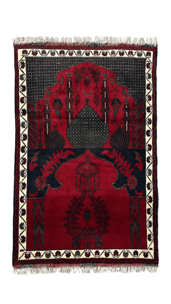 Handmade Prayer Rug / Janamaz – Traditional Red & Navy Floral Design | 2’8” × 4’4”