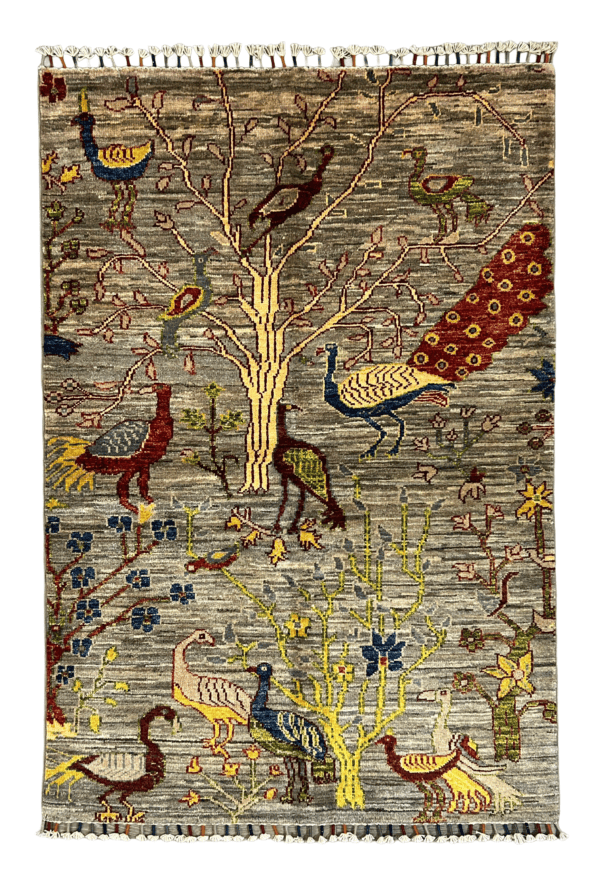 Enchanted Garden & Peacock Bird Design | 3’4” × 5’ Authentic Afghan Handmade Wool Rug