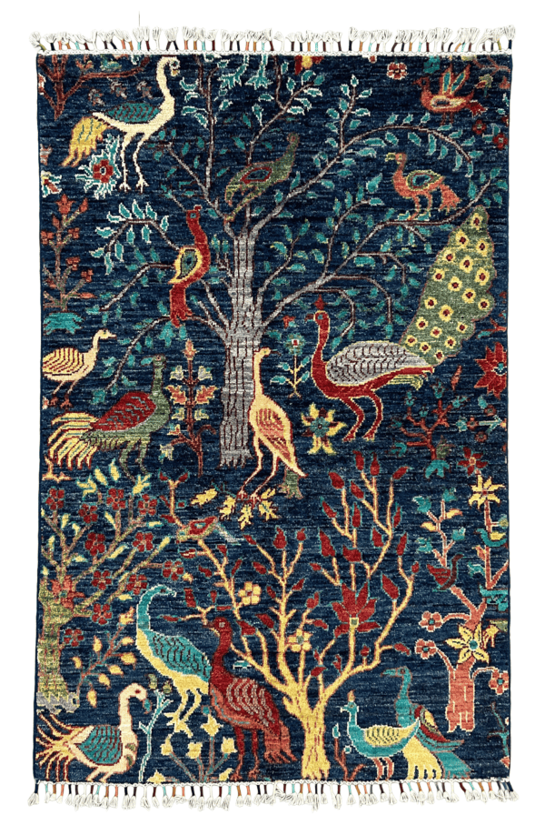 Blue Handmade Peacock & Bird Garden Rug – 3’4” × 5’4” Afghan Handmade Wool Rug