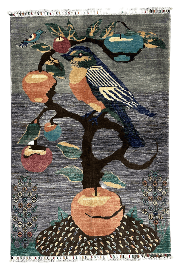 Handcrafted Wool Rug – Bird, Fruit & Tree Motif, 3’5” × 5’4” Authentic Afghan Rug