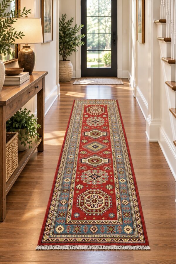 Crimson Heritage | Red & Blue Handmade Afghan Wool Runner – 2’8” × 10’