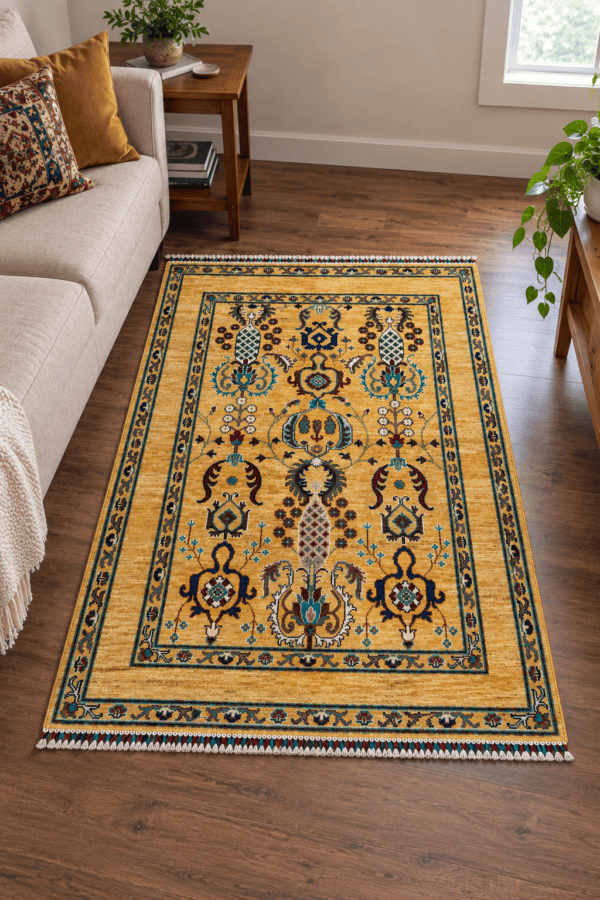 Golden Mustard Oriental Rug 4x6 – Authentic Afghan Handcrafted Rug with Teal, Burgundy & Ivory