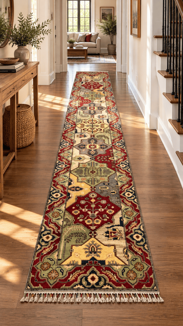 Handmade Runner Rug in Burgundy, Ivory & Sage – 2'9" × 16'9"