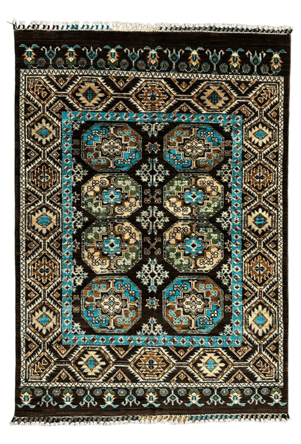 Handmade Afghan Rug 4x6 ft – Dark Brown Oriental Wool Rug with Turquoise & Multicolor Geometric