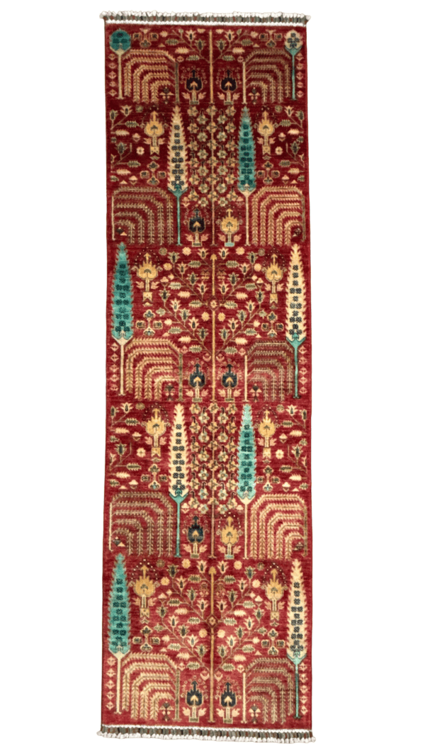 Tree of Life Runner Rug 2’10” x 9’8” – Traditional Red Oriental Rug with Teal & Gold Accents