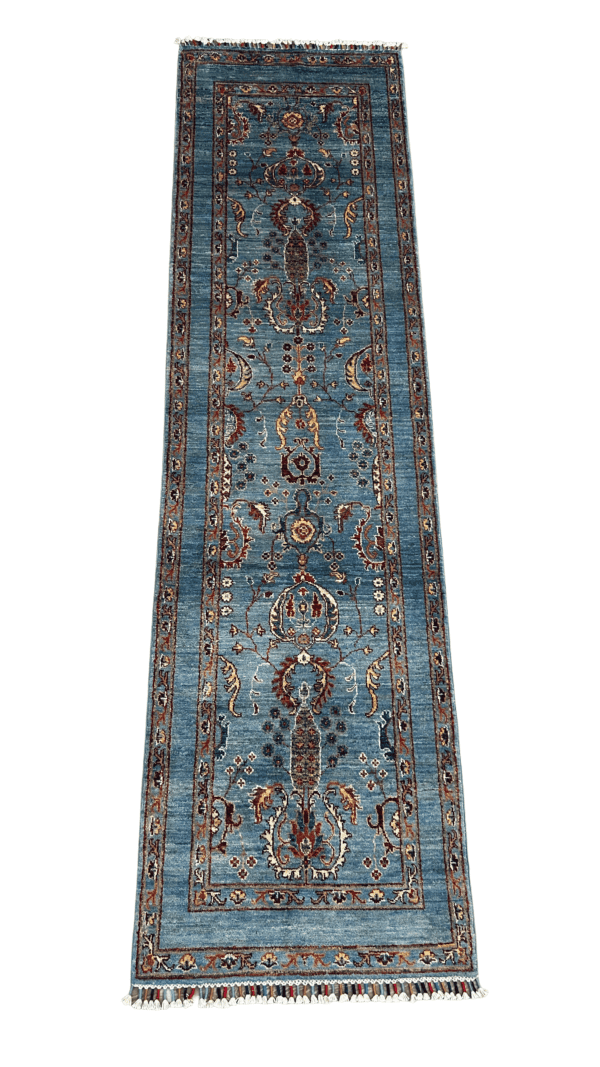 Handmade Blue Runner Rug – Traditional Floral Design, Natural Wool, 2’8” x 10’
