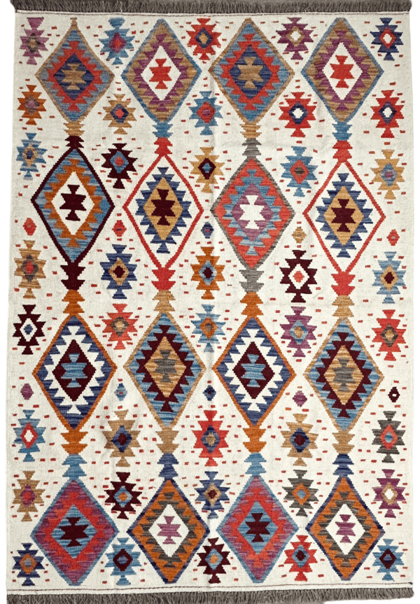 Handwoven Wool Kilim Rug – 5’10” × 8’5” Colorful Geometric Tribal Design