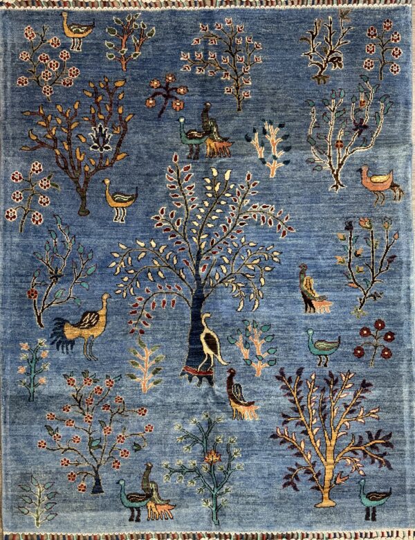 Handmade Blue Tree of Life Rug – Natural Wool, Bird & Botanical Design, 5’ x 7’
