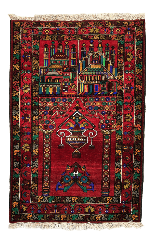 Traditional Afghan Prayer Rug, Janamaz– Mosque & Floral Motif, 2’7” × 4’ handmade wool rug