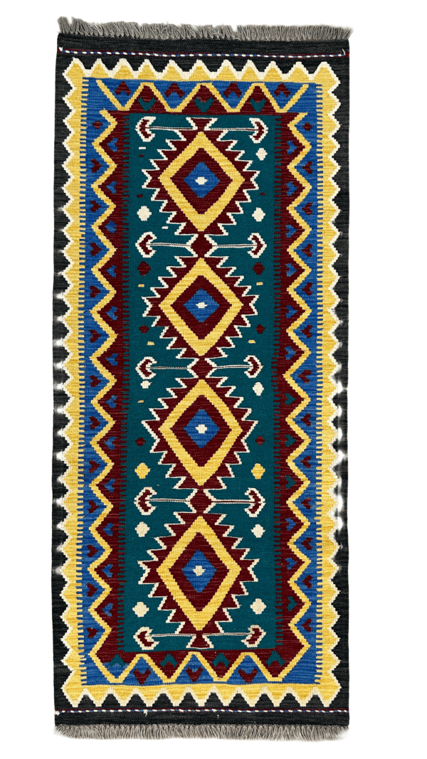 Handwoven Afghan Kilim Runner – Bold Geometric Design in Teal, Burgundy & Gold | 2’9” × 6’8”